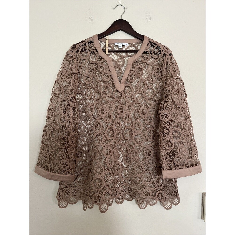 Chico's Crochet 3/4 Sleeve Mixed Media Medallion Lace Top Mocha Tan SZ XL